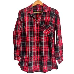 La Senza Red black Flannel Cotton night shirt night gown front button Pyjamas M